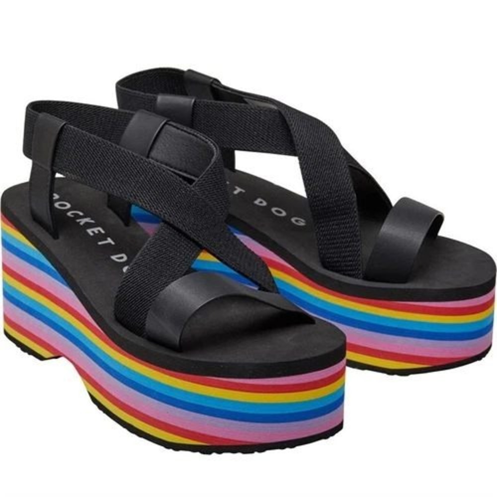 Rocket Dog Rainbow Platform Wedge Sandals Black Elastic Straps Womens Size 8